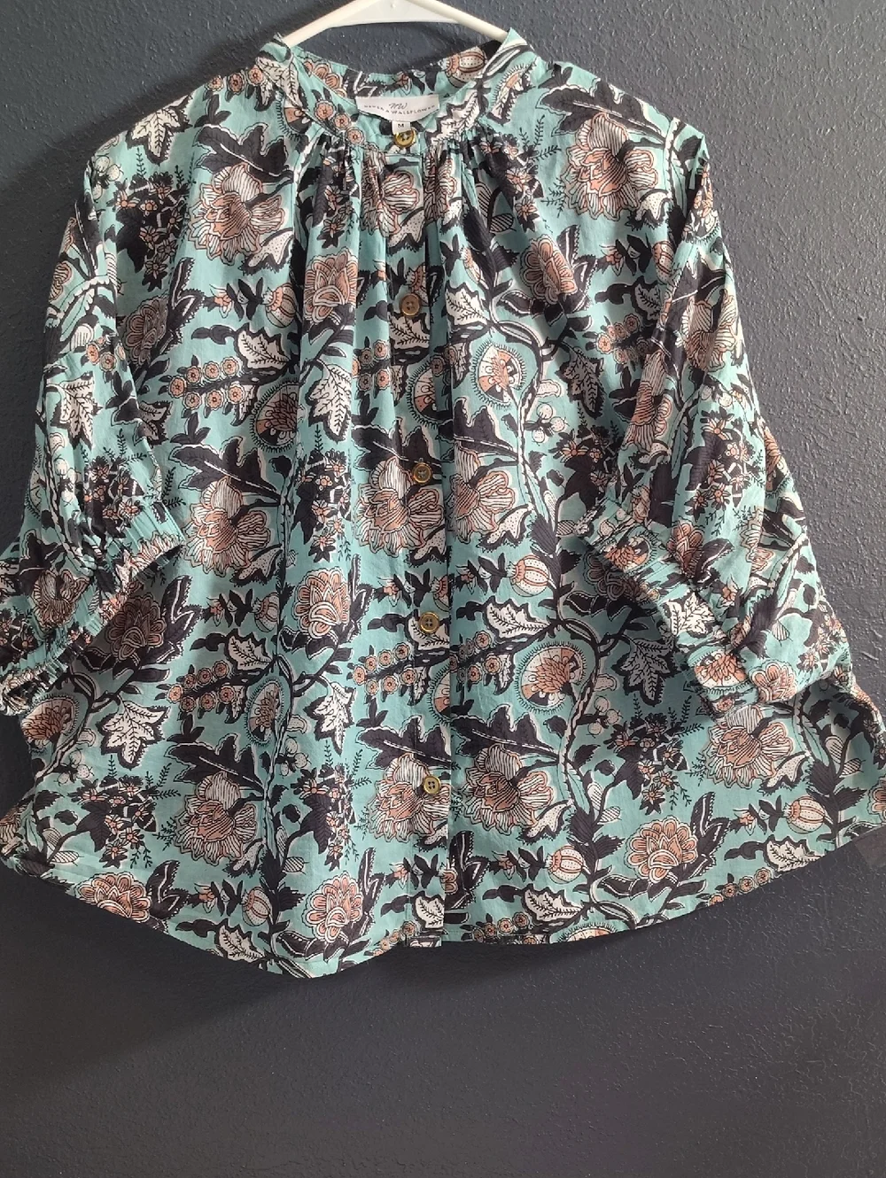 Never A Wallflower Boho Floral Button-Front Blouse in Seafoam and Brown - Picture 6 of 9